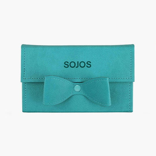 Teal sunglasses case with bow, open case with sunglasses, and pink and teal organizer on a white background